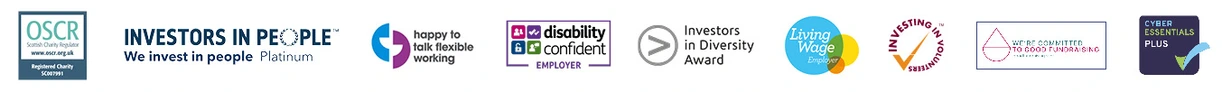 Aberlour's accreditation and award logos, including OSCR, Investors in People, Disability Confident Employer, Living Wage Employer, and Cyber Essentials Plus