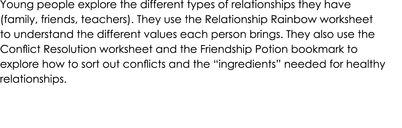 Young people explore the different types of relationships they have (family, friends, teachers). They use the Relatio...