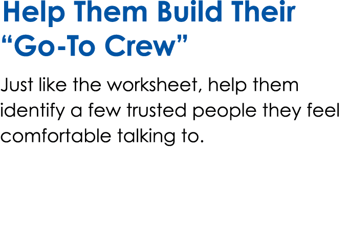 Help Them Build Their “Go To Crew” Just like the worksheet, help them identify a few trusted people they feel comfort...
