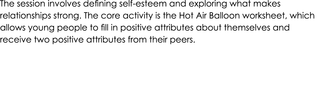The session involves defining self esteem and exploring what makes relationships strong. The core activity is the Hot...