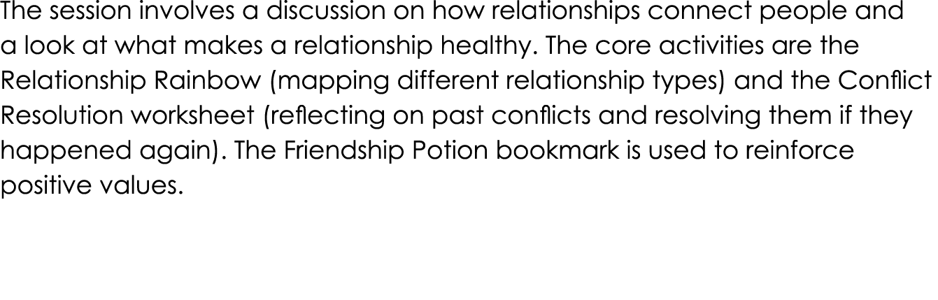 The session involves a discussion on how relationships connect people and a look at what makes a relationship healthy...
