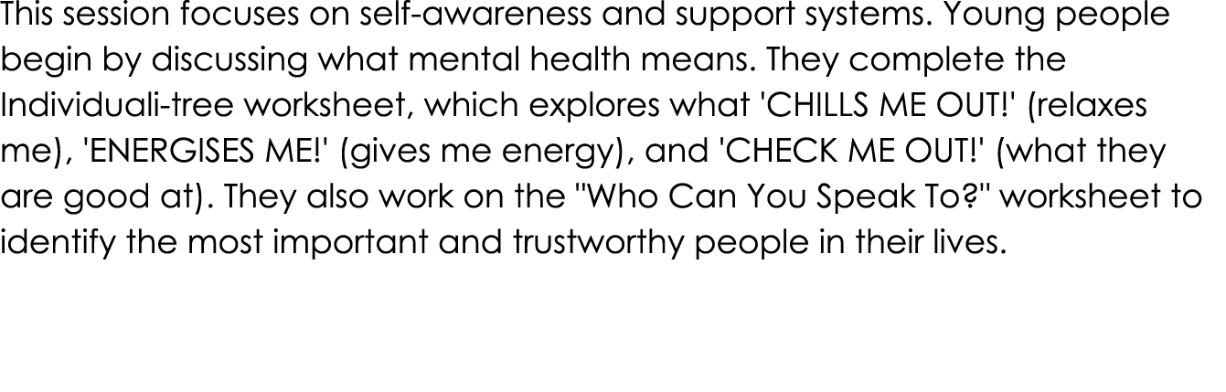 This session focuses on self awareness and support systems. Young people begin by discussing what mental health means...