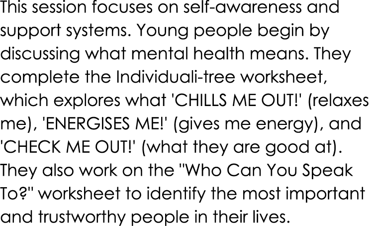 This session focuses on self awareness and support systems. Young people begin by discussing what mental health means...