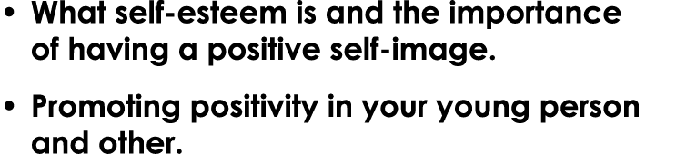 • What self esteem is and the importance of having a positive self image. • Promoting positivity in your young person...
