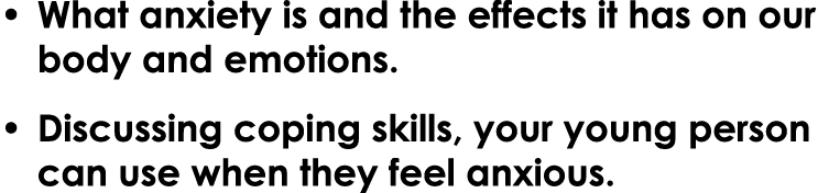 • What anxiety is and the effects it has on our body and emotions. • Discussing coping skills, your young person can ...