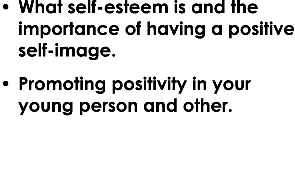 • What self esteem is and the importance of having a positive self image. • Promoting positivity in your young person...